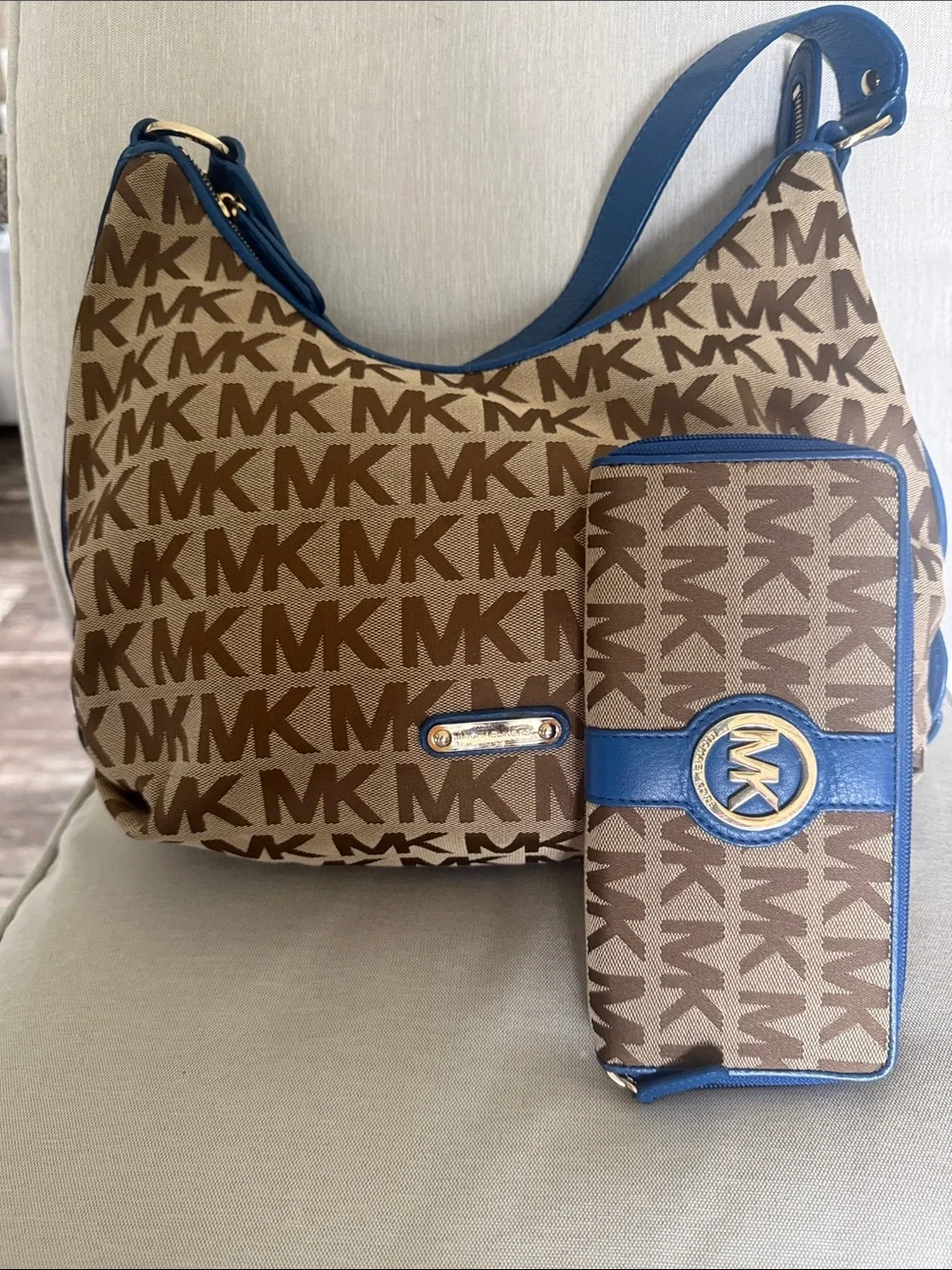 MK Signature Monogram Hobo Shoulder Bag + Zip Around Wallet Set Blue Leather
